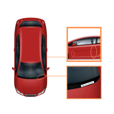 Car inspection infographic depicting a top-down view of a red car.