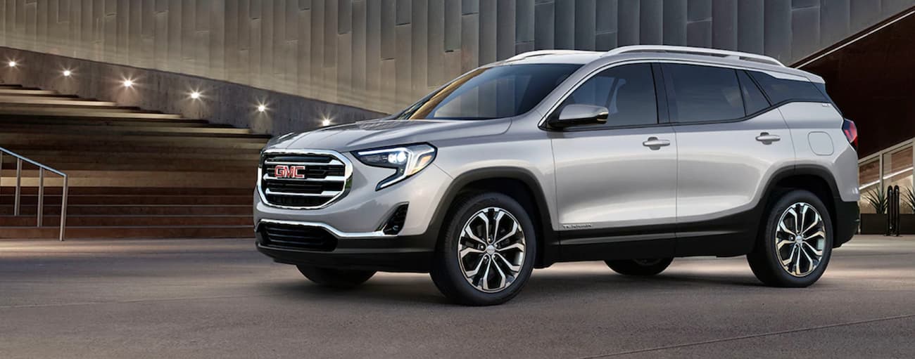 Side angle view of a silver 2020 GMC Terrain.